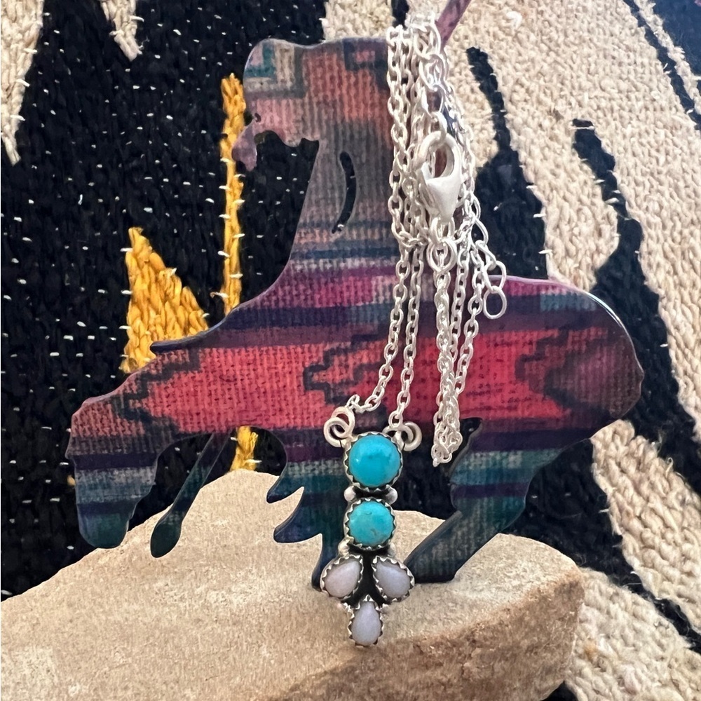 ❤️ Bluebird Turquoise & Pink Opal 925 Southwestern Navajo Necklace 18+2”L 11.4Gm - Picture 7 of 12